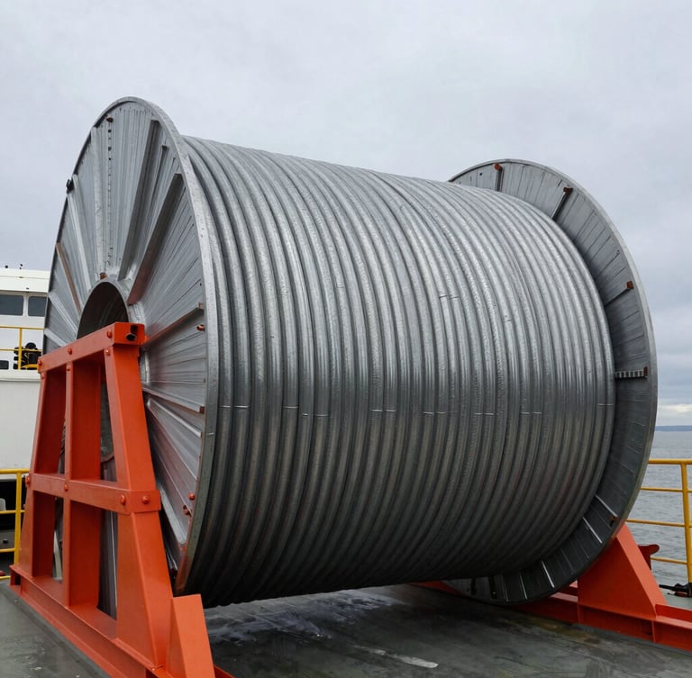 Wide-angle industrial shot of a massive steel coiled line pipe spool on a transport vessel, overcast daylight, safety-orange structural frames, high-contrast steel textures.