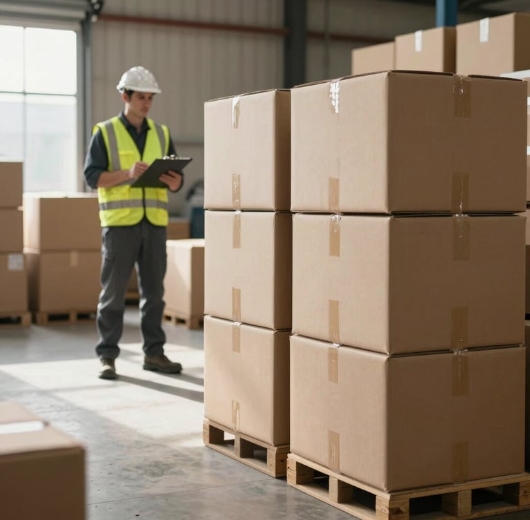 A bright, naturally lit warehouse floor with cardboard boxes stacked neatly, a worker in a high-visibility vest reviewing a clipboard in the background.