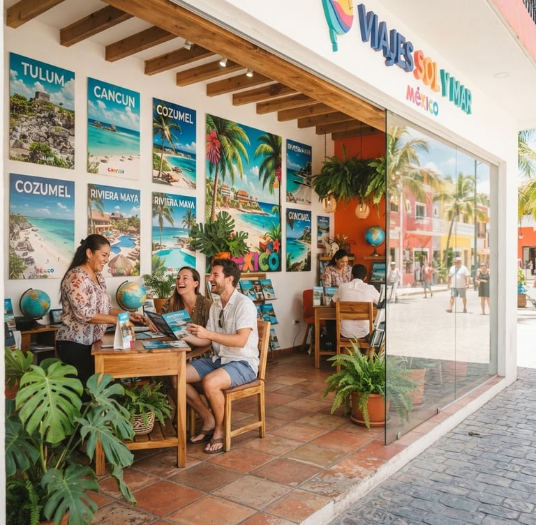 Bright high-key photography of a modern travel agency storefront in Mexico, sunny daylight, warm inviting interior with tropical travel posters, friendly atmosphere, wide-angle 35mm