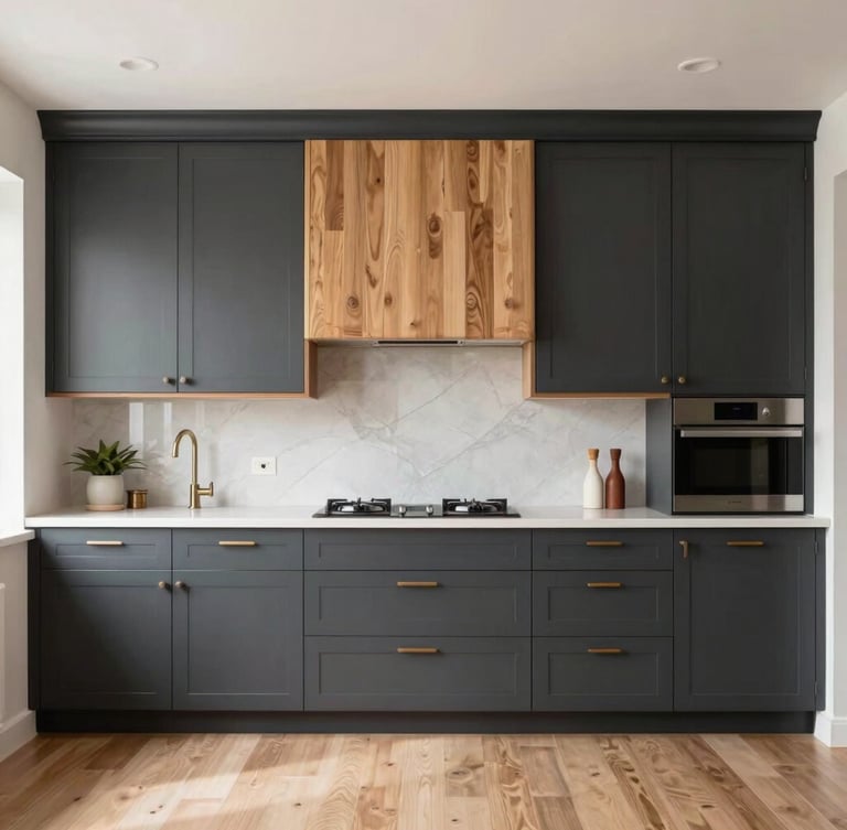 Straight-on architectural elevation of a finished high-end kitchen with dark charcoal cabinets, warm oak accents, natural window light, sharp focus.