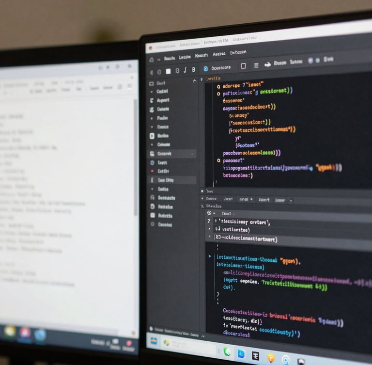 Close-up macro shot of a clean code editor window next to a subtle analytics dashboard, soft natural light, architectural crop.