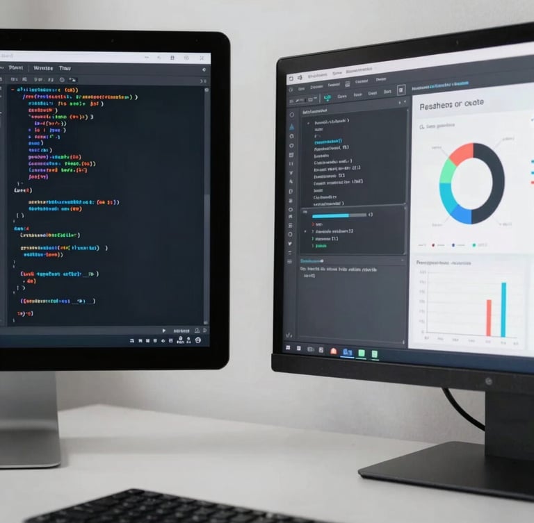 Architectural macro crop of a clean, modern workspace with soft natural daylight, showing a code editor on a high-resolution screen next to a subtle analytics dashboard, minimal low-contrast composition.