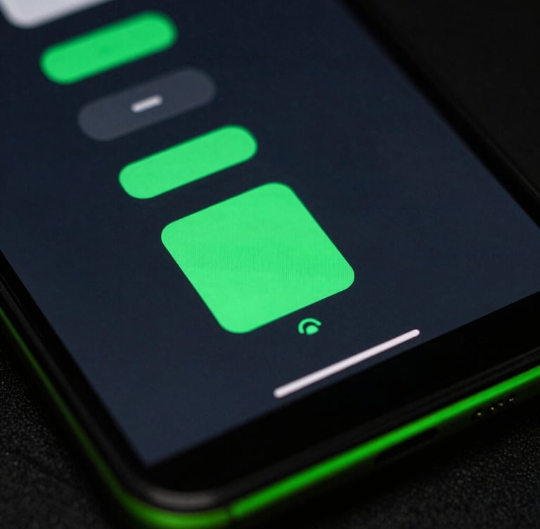 Extreme macro close-up of a high-refresh-rate Android screen displaying fluid cyber-green UI vector animations, dark-mode tech photography, moody studio lighting with sharp neon edge-glows, 35mm lens