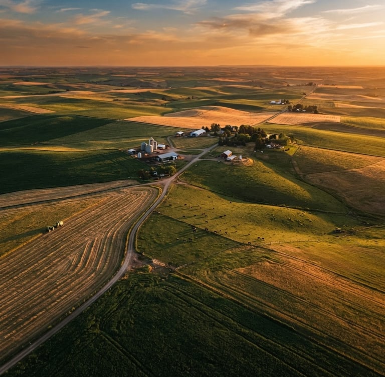 Wide aerial view of vast, productive agricultural land at golden hour, low sun casting long shadows, showing rows of crops or grazing cattle, with a clear horizon line. Image is high-contrast and rich in deep tones.
