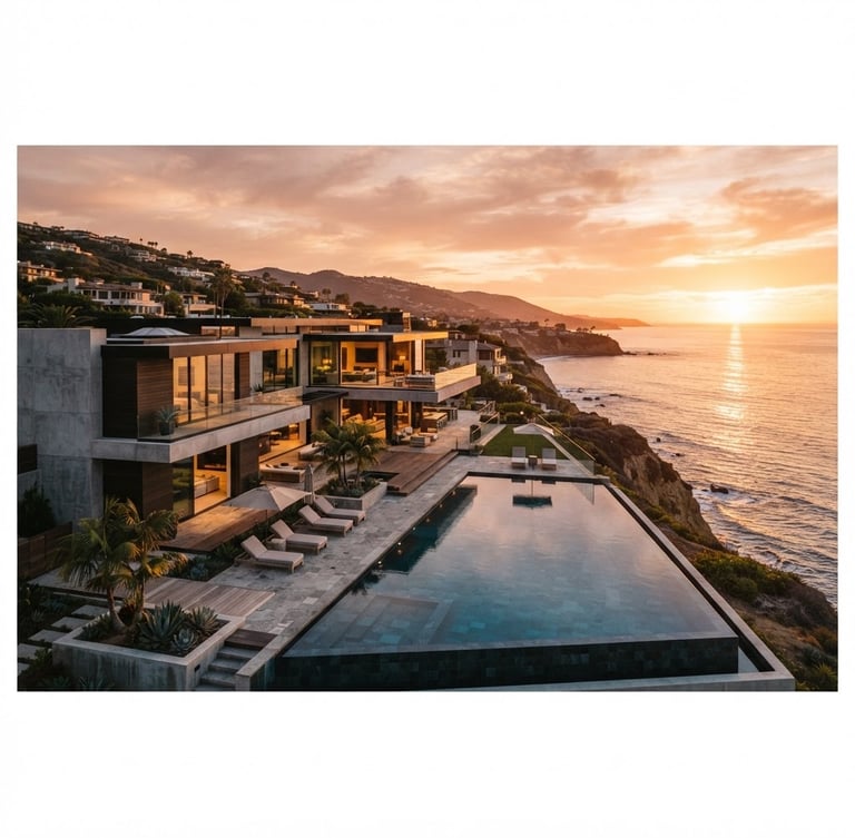 Exterior de uma mansão de luxo moderna com piscina infinita e vista panorâmica ao pôr do sol, linhas arquitetônicas limpas, iluminação dourada.