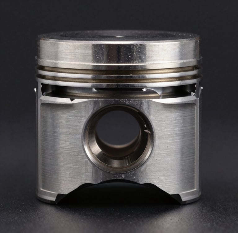 Extreme macro shot of a precision-machined steel piston ring groove, side-lit, dark metallic background