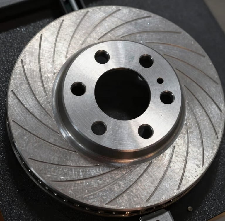 Extreme close-up of a high-performance ventilated brake disc made of machined steel, showing precise radial grooves and metallic grain, dramatic side-lighting on a dark textured background.