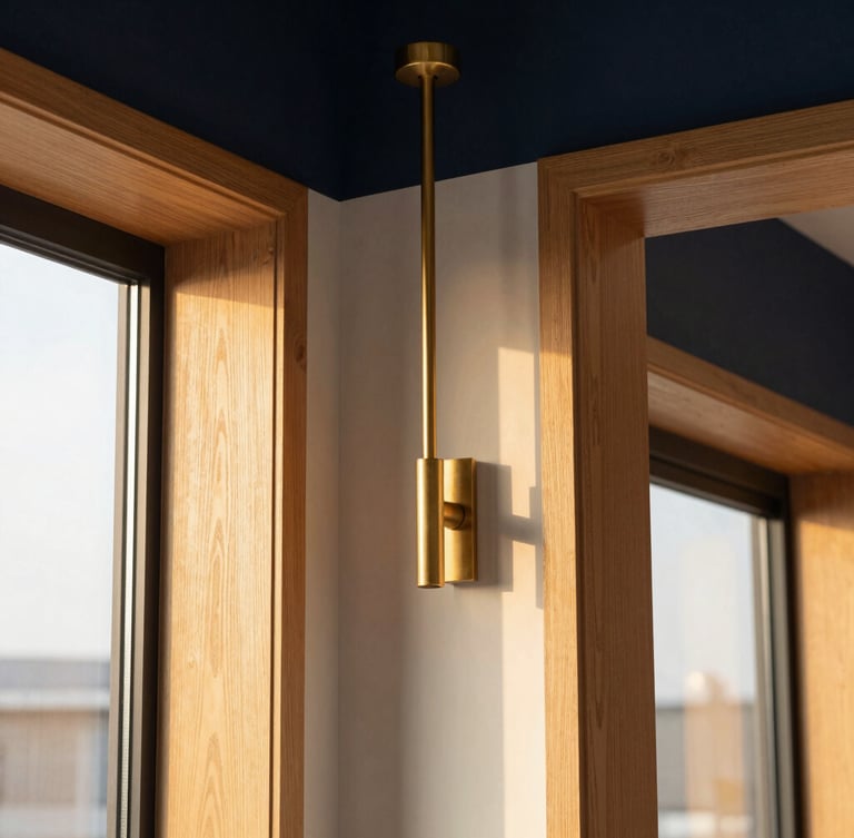 Close-up of premium brass fixtures and polished oak finishes inside a modern office space, warm natural golden-hour lighting, architectural detail.