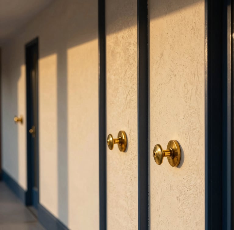 Close-up architectural detail of premium brass fixtures and textured plaster walls in a sunlit corridor, warm golden hour light.