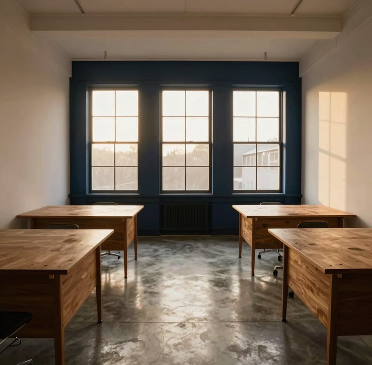 Symmetrical straight-on architectural shot of an empty modern creative studio with polished concrete floors, oak desks, and warm golden-hour window light, 35mm lens.