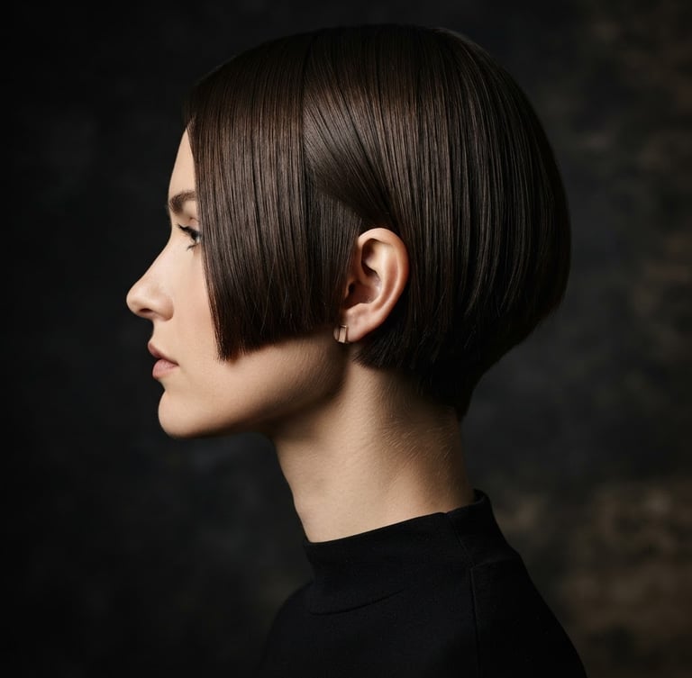 Sharp editorial profile portrait of a woman with a geometric architectural bob haircut, high-contrast side lighting, deep charcoal background, macro depth of field showing hair texture