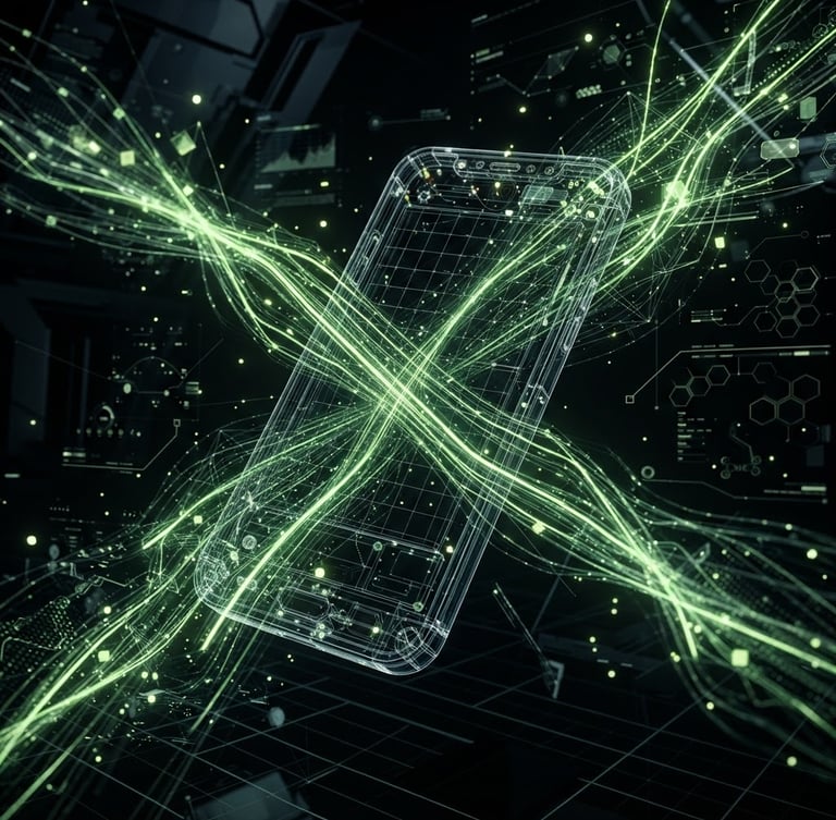 Sleek dark-mode 3D render of glowing cyber-lime data streams intersecting with a mobile device wireframe, high-contrast technical UI, octane render
