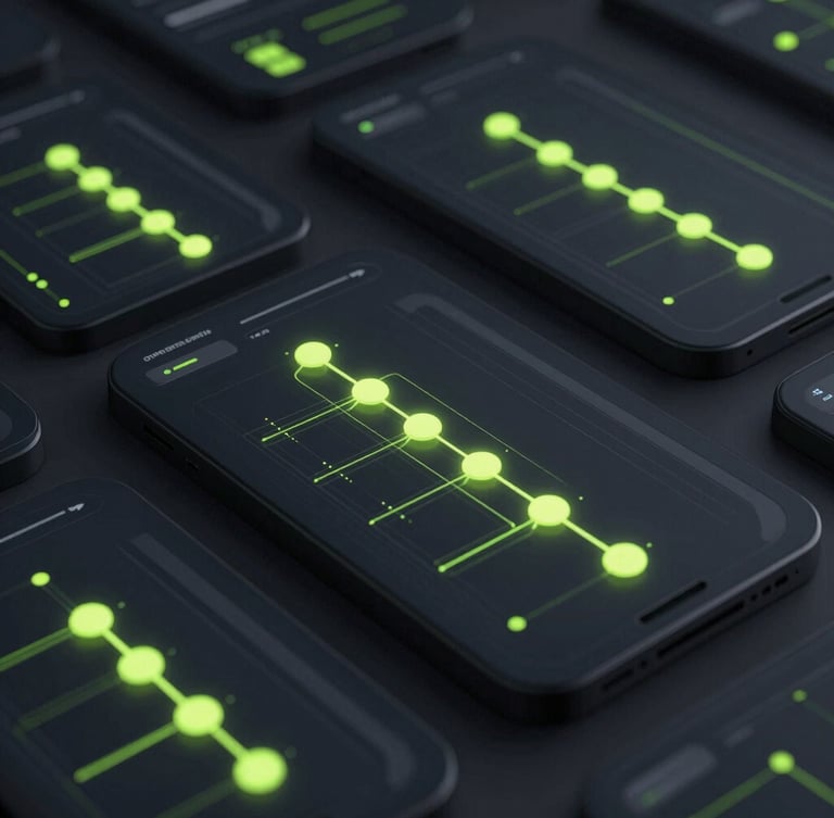 high-fidelity mobile UI wireframe displaying complex predictive dashboards, glowing cyber-lime nodes, dark studio lighting