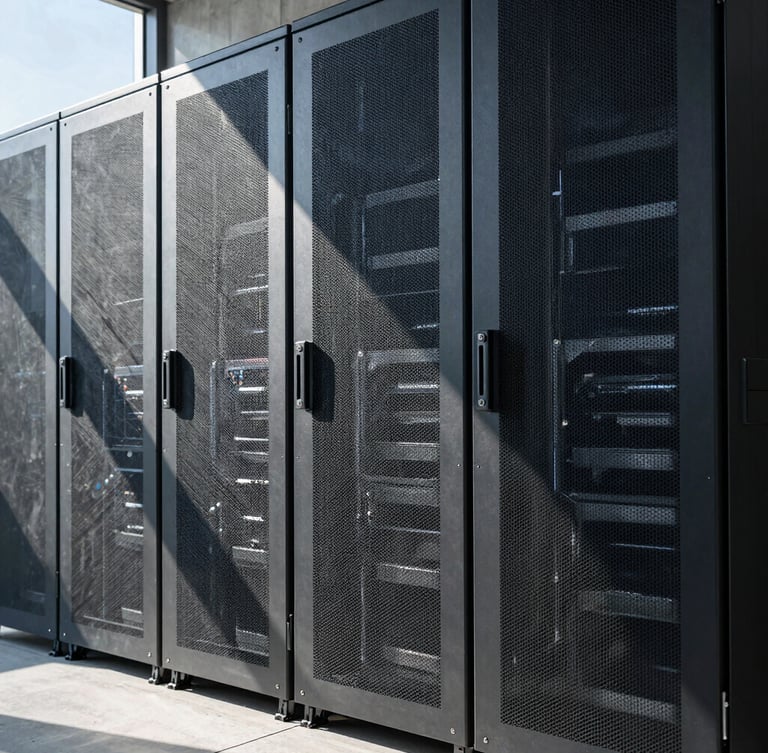 Cold architectural view of a concrete and glass server room facade, sharp geometric shadows, clean daylight.