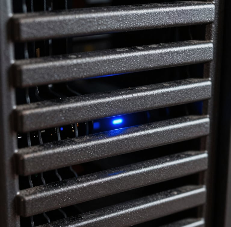Vue macro d'un serveur lame haut de gamme, lignes de métal brossé épurées, indicateurs LED bleu cobalt discrets, éclairage froid et géométrique.