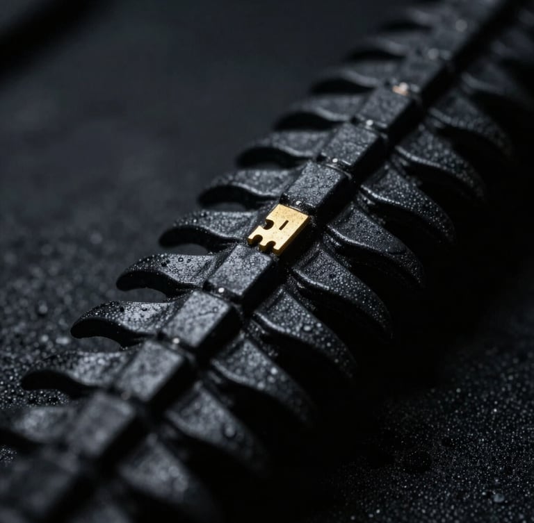 Extreme macro close-up of a matte black articulated dragon spine, dramatic low-key chiaroscuro lighting, single golden key light highlighting layer precision, 35mm fine art photography