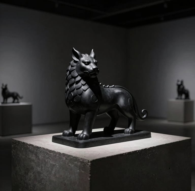 A single matte black mythical beast sculpture resting on a minimalist concrete pedestal in an ultra-modern architectural gallery, deep shadows, moody single directional key light