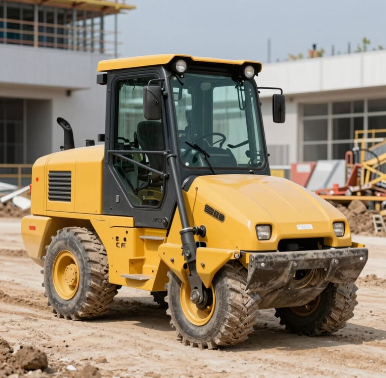 Sharp commercial photography of a yellow soil compactor machine standing upright on clean compacted soil at a modern construction site, bright daylight, high contrast, 35mm lens
