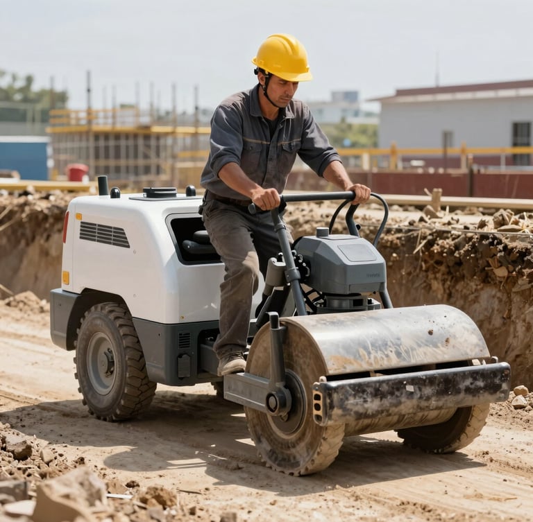 Medium shot of a construction worker wearing a yellow safety helmet operating a soil compactor machine in a clean, structured foundation trench, bright daylight, professional lighting