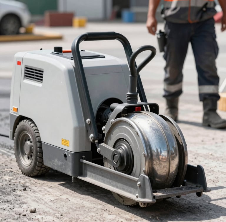 Close-up shot of a heavy-duty floor cutter on an active urban paving job site, clean machine, professional operator wearing proper safety boots and helmet visible in background, bright daylight, high contrast.