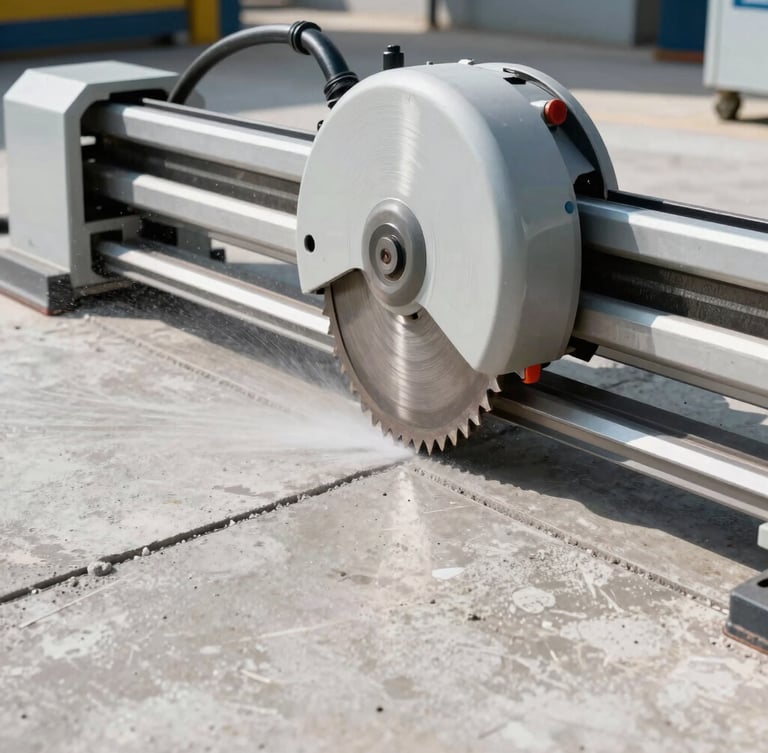 Sharp commercial photography, bright daylight, high-contrast industrial setting, clean floor cutter machine with a prominent diamond blade cutting a straight line in clean concrete, water cooling spray visible, realistic, 35mm lens, depth of field.