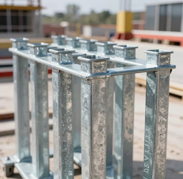 Close-up of clean, heavy-duty galvanized steel shoring props arranged in a structured grid, bright daylight, active clean modern construction site, 35mm lens, depth of field