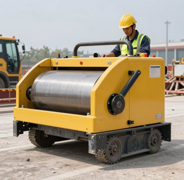 Sharp commercial photography, bright daylight, high-contrast industrial setting, clean yellow vibratory plate compactor operated by a worker in proper safety gear on a modern road construction site, realistic, 35mm lens, depth of field