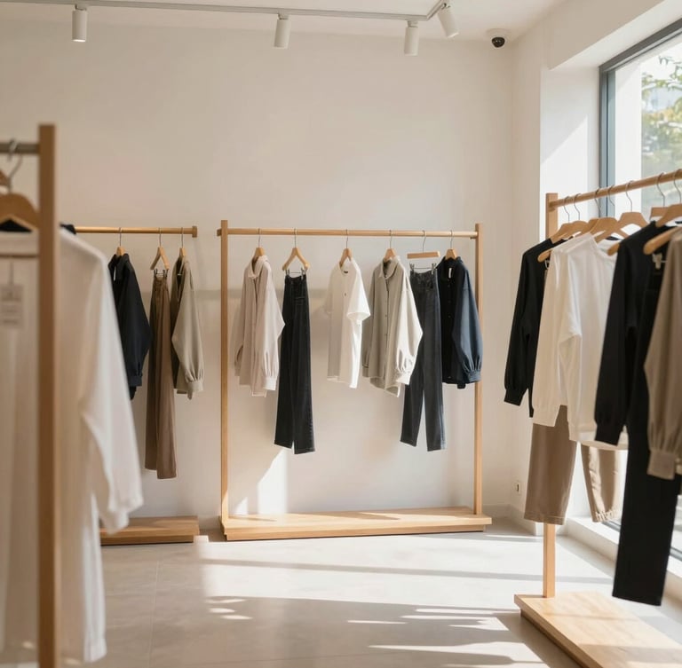 A bright, sunlit boutique retail store interior in Bengaluru, minimalist wooden clothing racks, soft shadows, editorial lifestyle photography.