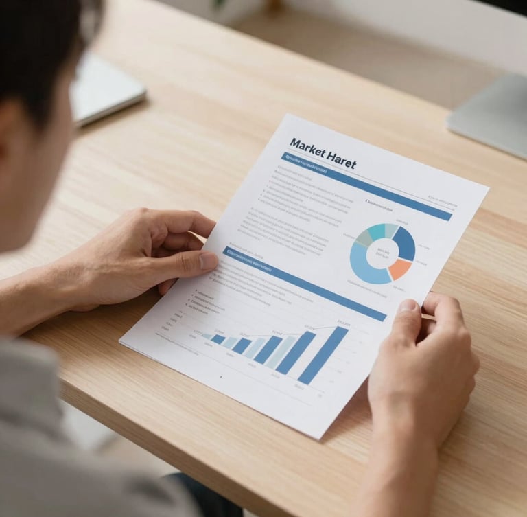 An over-the-shoulder shot of a strategist reviewing a printed custom market research report on a clean wooden desk, bright natural daylight, 35mm