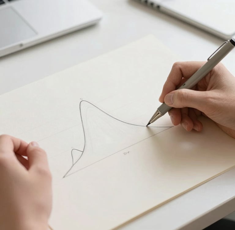 Hands sketching a demographic distribution diagram on clean cream paper with a fine-liner pen, minimalist workspace, bright daylight.