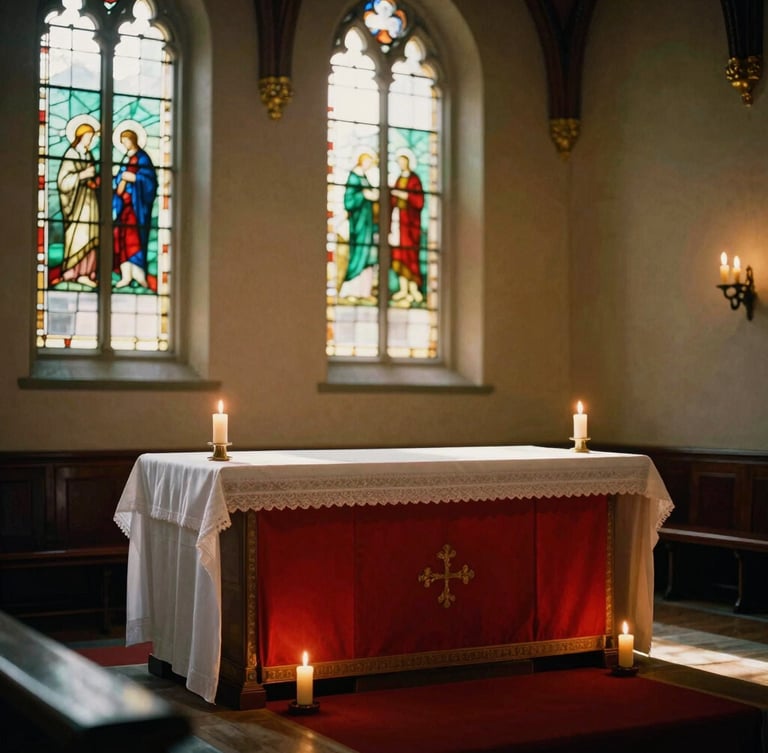 Warm candlelit Methodist sanctuary interior, soft golden-hour sunlight filtering through stained glass windows, rich crimson altar cloths, 35mm film style, shallow depth of field
