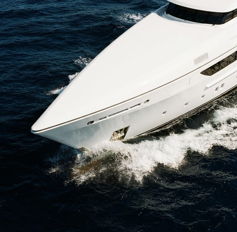 Architectural crop of a pristine white yacht hull slicing through deep blue water under bright, high-contrast coastal daylight.