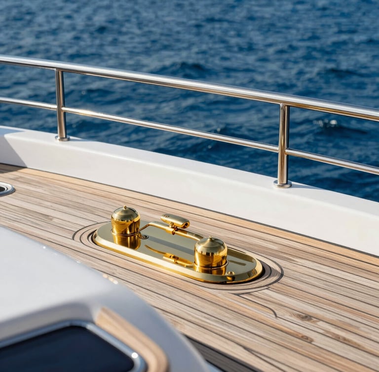 Polished brass and teak wood details on a luxury yacht deck, captured in sharp focus under bright morning sun.