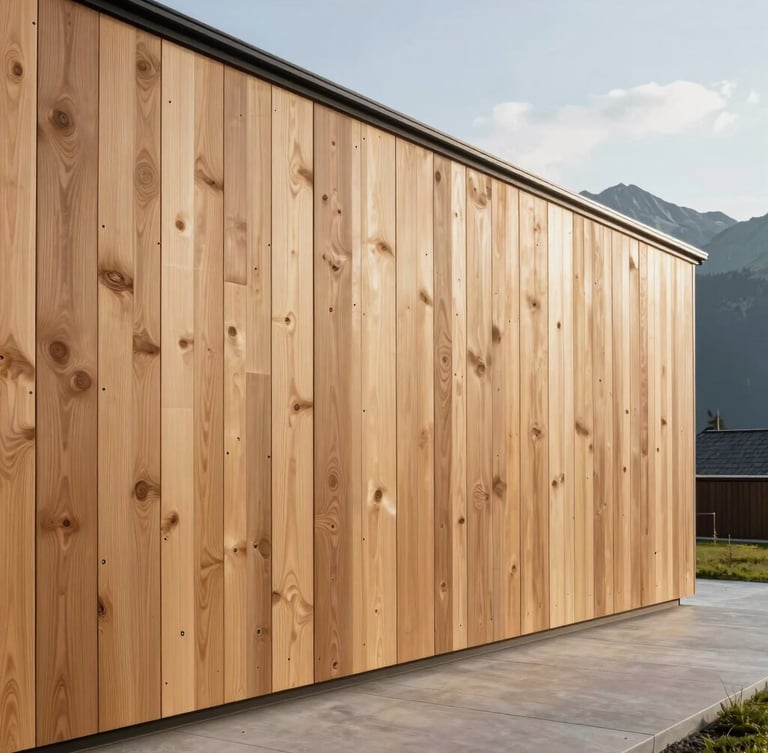 Vue en élévation d'une cuisine contemporaine minimaliste, façades en mélèze brossé, lignes de fuite parfaites alignées au millimètre, lumière rasante alpine.
