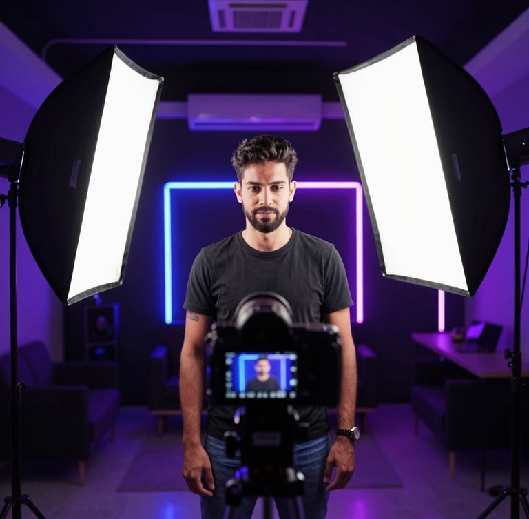 Behind-the-scenes portrait of a creator recording an online course in Curitiba, professional lighting setup with softboxes and neon accents, camera screen showing a sharp high-contrast image, modern studio environment.