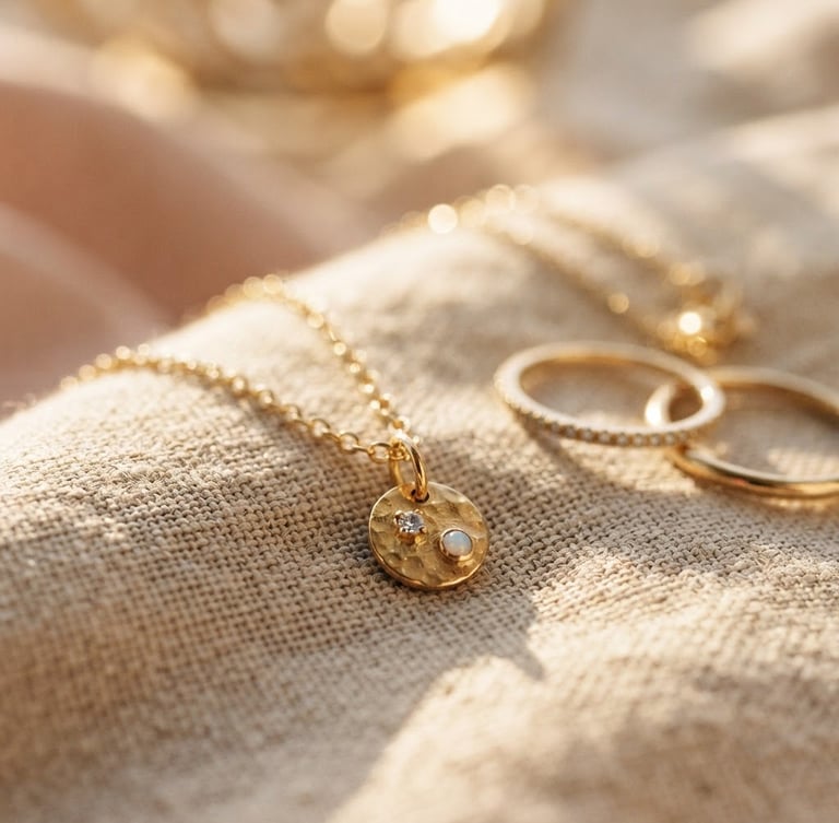 Close-up of delicate gold jewelry resting on textured linen, sun-dappled, with a very shallow depth of field, warm golden-hour window light.