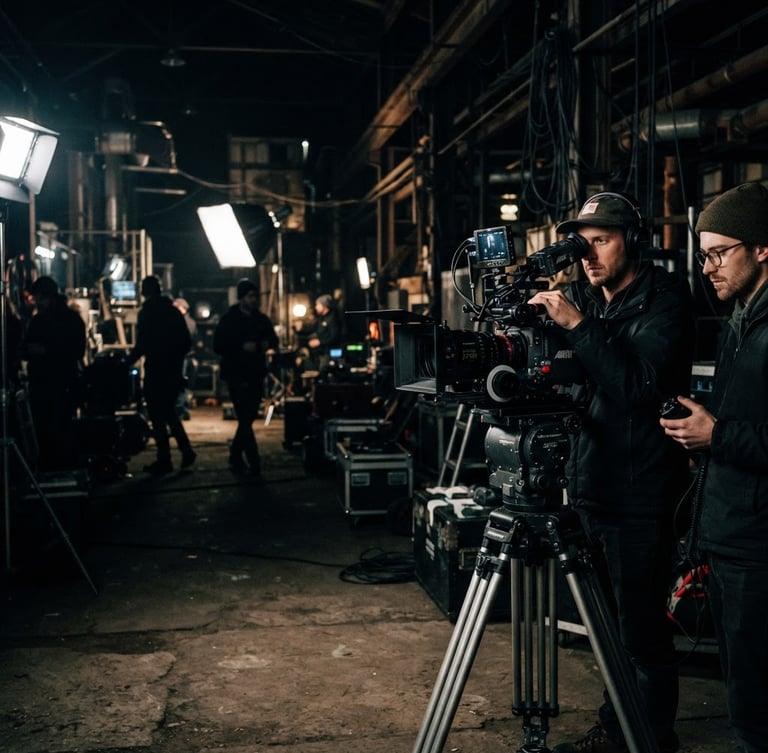 High-contrast cinematic photography of a professional camera rig on a dark, industrial film set, sharp directional lighting, deep shadows, behind-the-scenes agency work. The rig is positioned on the right third of the frame.