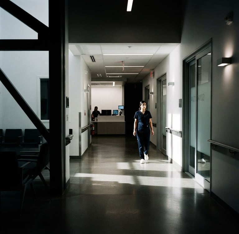 Cinematic wide shot of a modern, clean clinic interior with high-contrast chiaroscuro lighting, deep shadows, and crisp whites. Focus on a sterile, professional environment.