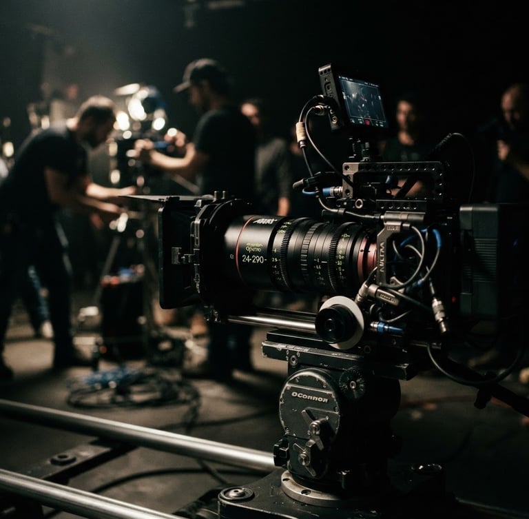 High-contrast cinematic shot of a camera rig on a film set, sharp directional lighting, deep shadows, tight focus on the lens, with a blurred background of crew working.