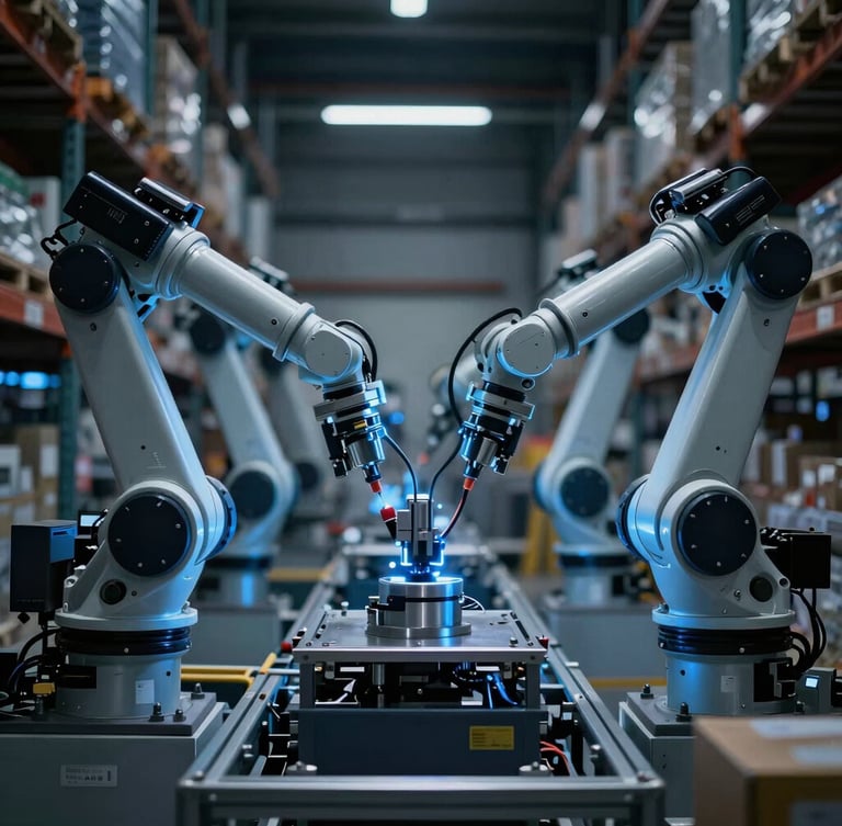 Symmetrical environmental shot of an automated warehouse with robotic arms executing precise movements, cool low-key studio lighting, sharp electric blue highlights, high detail, sharp industrial photography