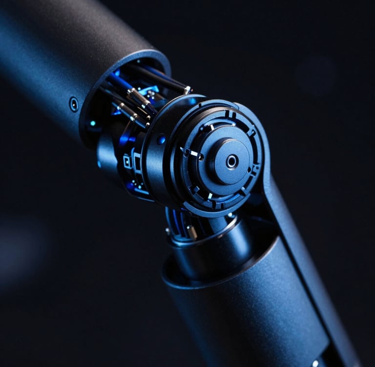 Macro shot of a mechanical robotic joint with precise cabling and sharp electric-blue highlights, cool low-key studio lighting, high-contrast engineering detail