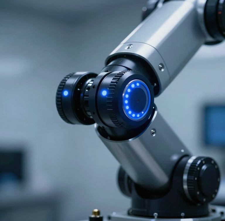Macro close-up of a high-precision mechanical robotic joint with cool blue indicator lights, clean industrial setting, sharp industrial photography, cool low-key studio lighting