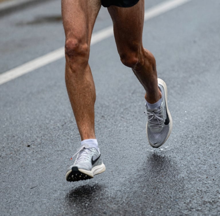 Close-up dynamic crop of a runner's legs mid-stride on wet Detroit asphalt, overcast morning light, silver highlights, focused and raw.