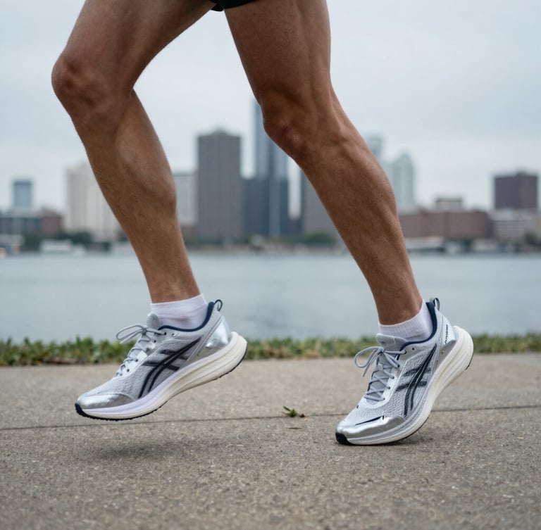 Dynamic close-up of a runner's legs mid-stride on a cool, overcast morning on the Detroit riverfront, concrete path, silver-toned natural highlights, Tracksmith aesthetic.