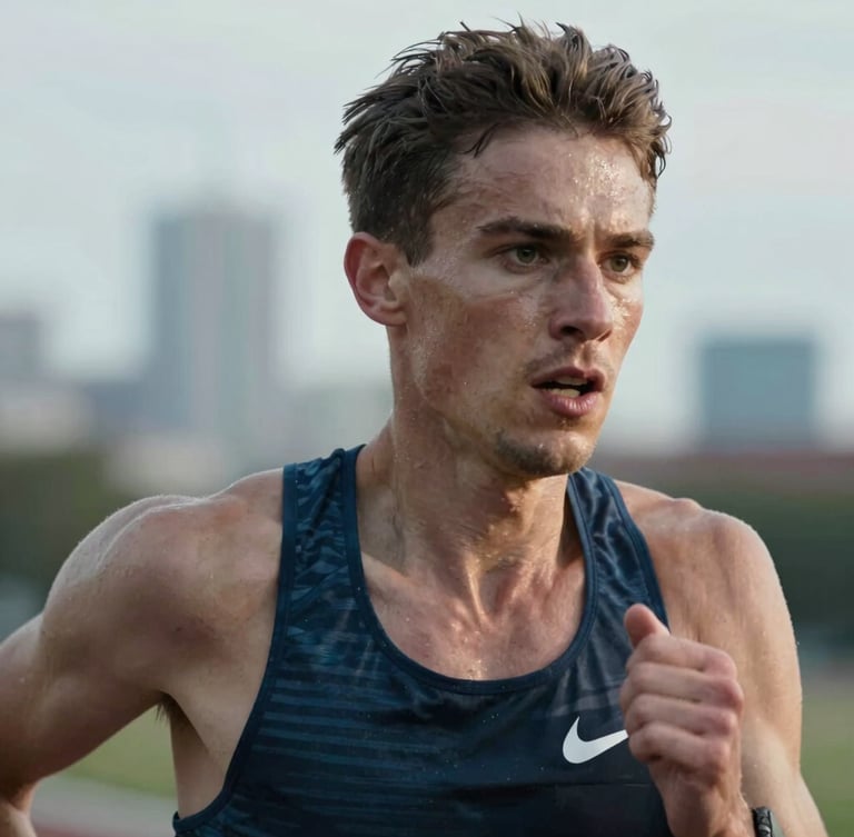 Dynamic close-up portrait of a runner mid-stride on a cool, overcast morning in Detroit, focus on determined eyes, silver-toned natural highlights, athletic editorial style.