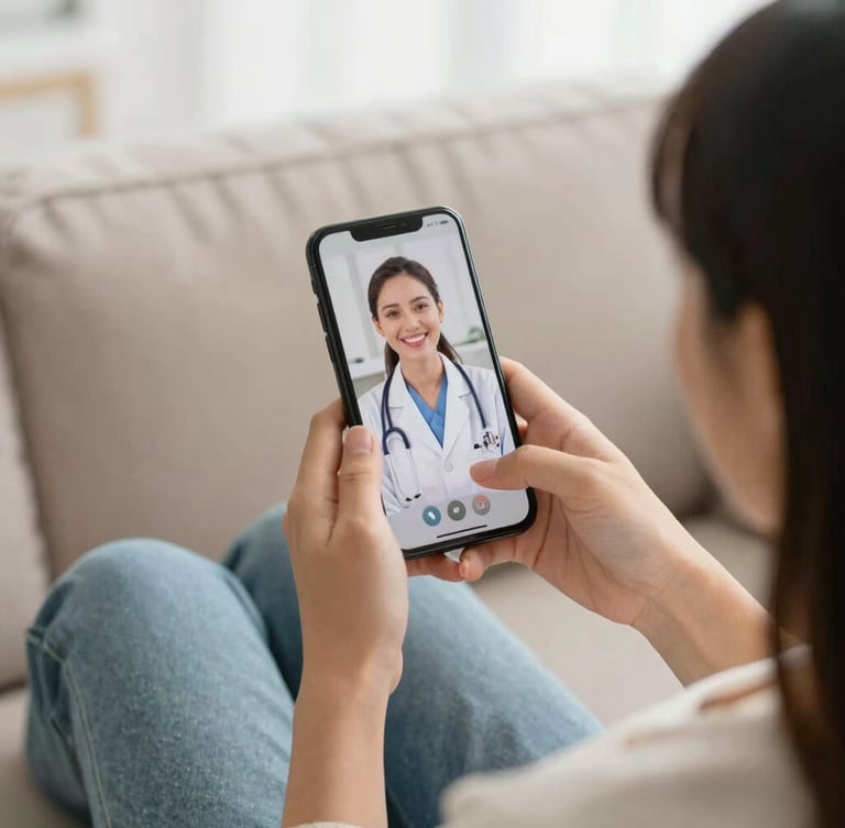 A close-up of a person sitting on a warm sofa, holding a smartphone showing a friendly doctor in a video call, soft natural light, shallow depth of field, 35mm