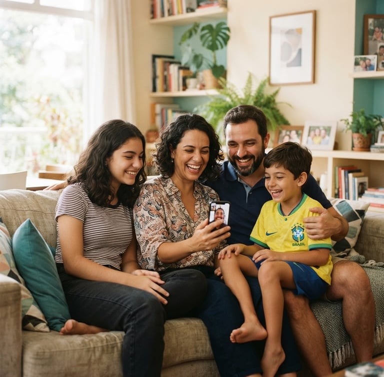 Warm, bright photo of a Brazilian family sitting on a comfortable living room sofa, smiling as they look at a smartphone screen, showcasing relief and comfort. Soft teal accents in the background, natural daylight, 35mm.
