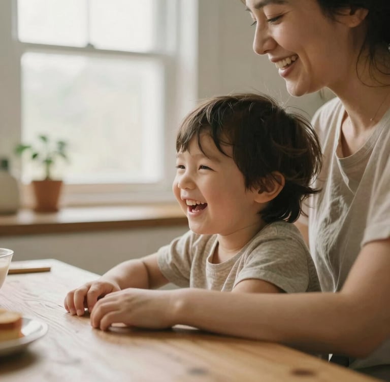 Close-up of a mother and child laughing together at a wooden kitchen table, warm morning window light, soft focus, cozy earth tones, 35mm