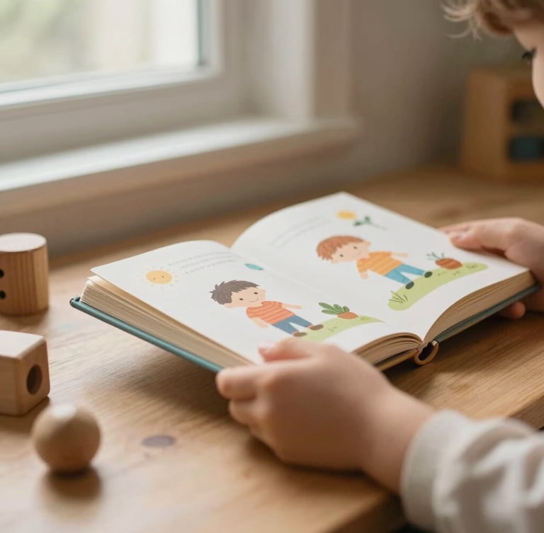 Close-up of small hands holding a children's book with wooden toys nearby, soft warm lighting, cozy nostalgic feel