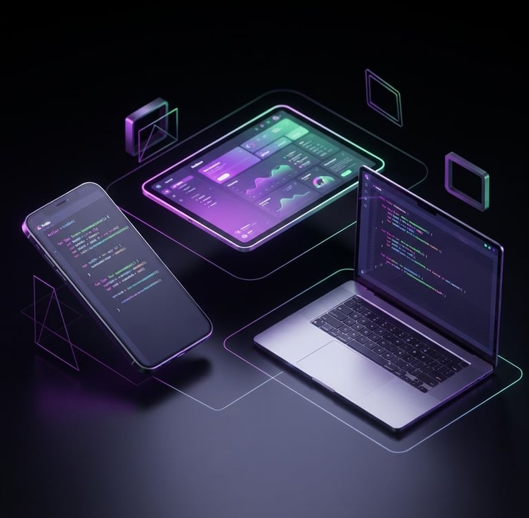Sleek 3d render, dark mode aesthetic, vibrant neon gradients of electric violet and green, high-contrast studio lighting, isometric device mockups showing clean Kotlin code blocks, octane render